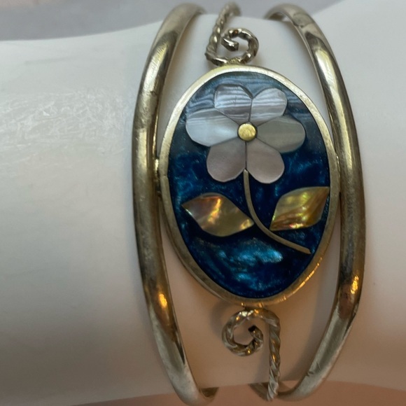 VINTAGE ALPACA MEXICO Blue Flower MOTHER OF PEARL Shell Mosaic CUFF BRACELET - Picture 6 of 12